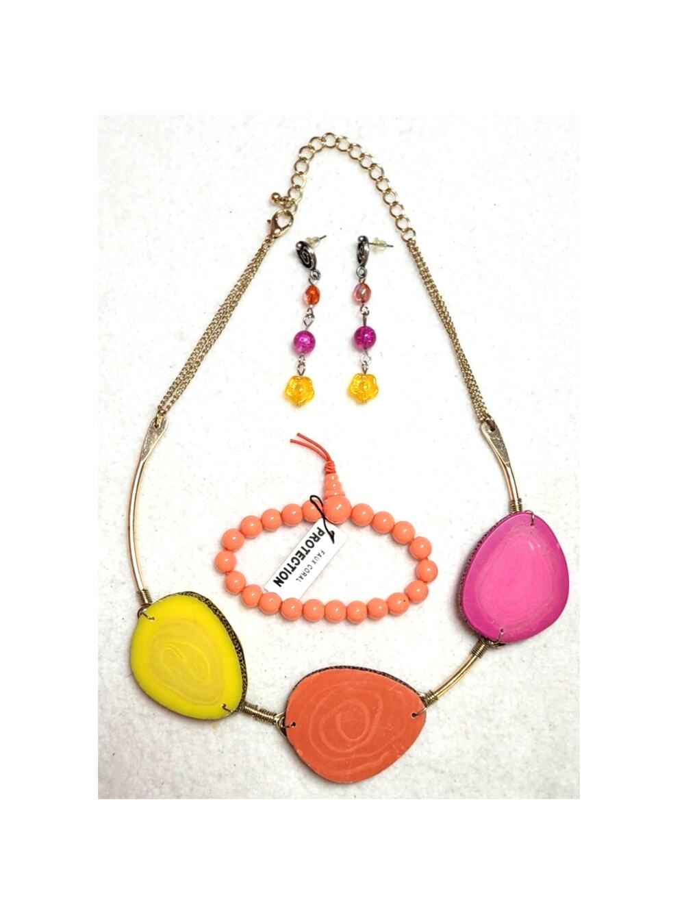 Vtg Genuine Multi Color Agate Jasper Slab Statement Necklace Bracelet Earrings